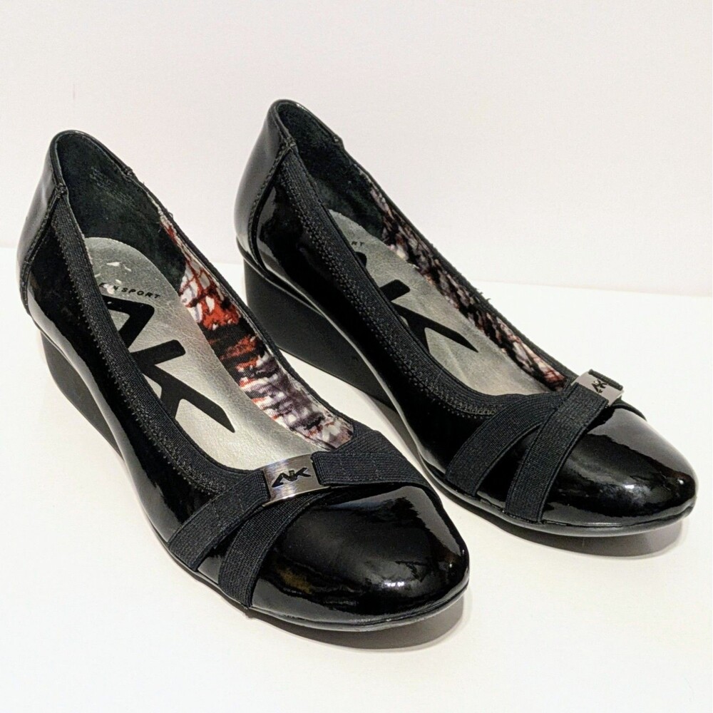 Anne Klein AKDEFINITELY Women's Black Silver Buckle Wedge Career Shoes Size 6 M